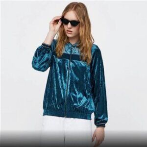Zara Teal Velvet Bomber Jacket Size Small